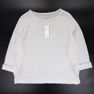 NWT Eileen Fisher Organic Linen Round Neck Knit Sweater White Minimal Lagenlook